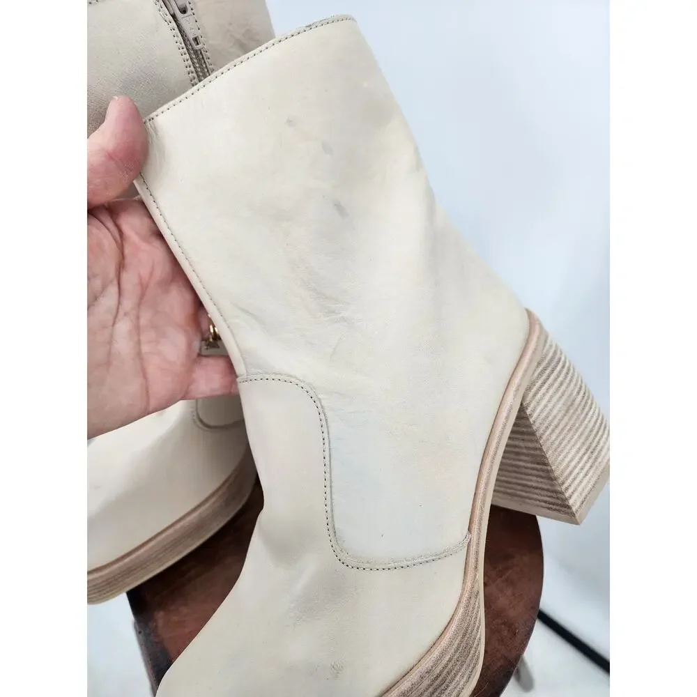 Free People Ruby Bone Off White Square Toe Ankle Block Heel Bootie Size 39.5 9.5